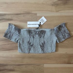 Moda Baronessa Womens Malibu 100% Silk Cap Crop Top Smocked Coastal‎ Size Large